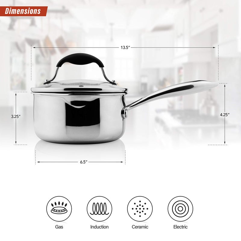 AVACRAFT Tri-Ply Stainless Steel Saucepan with Glass Strainer Lid, Two Side Spouts, Ergonomic Handle, Multipurpose Sauce Pan with Lid, Sauce Pot, Cooking Pot (Tri-Ply Full Body, 1.5 Quart) - Image 2